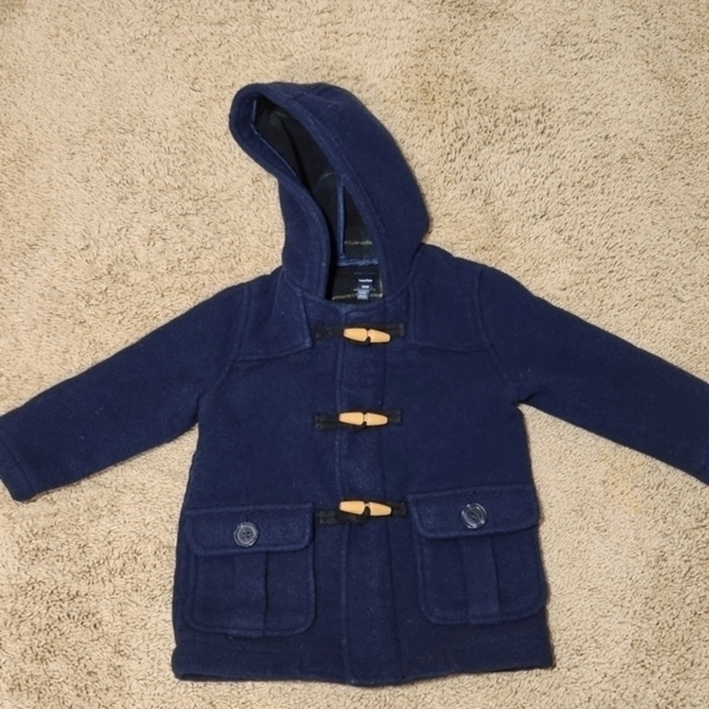 Gap Peacoat Wool‎ Blend Navy Blue Plaid   Interior 18-24 mos Wooden Tie Zipper
